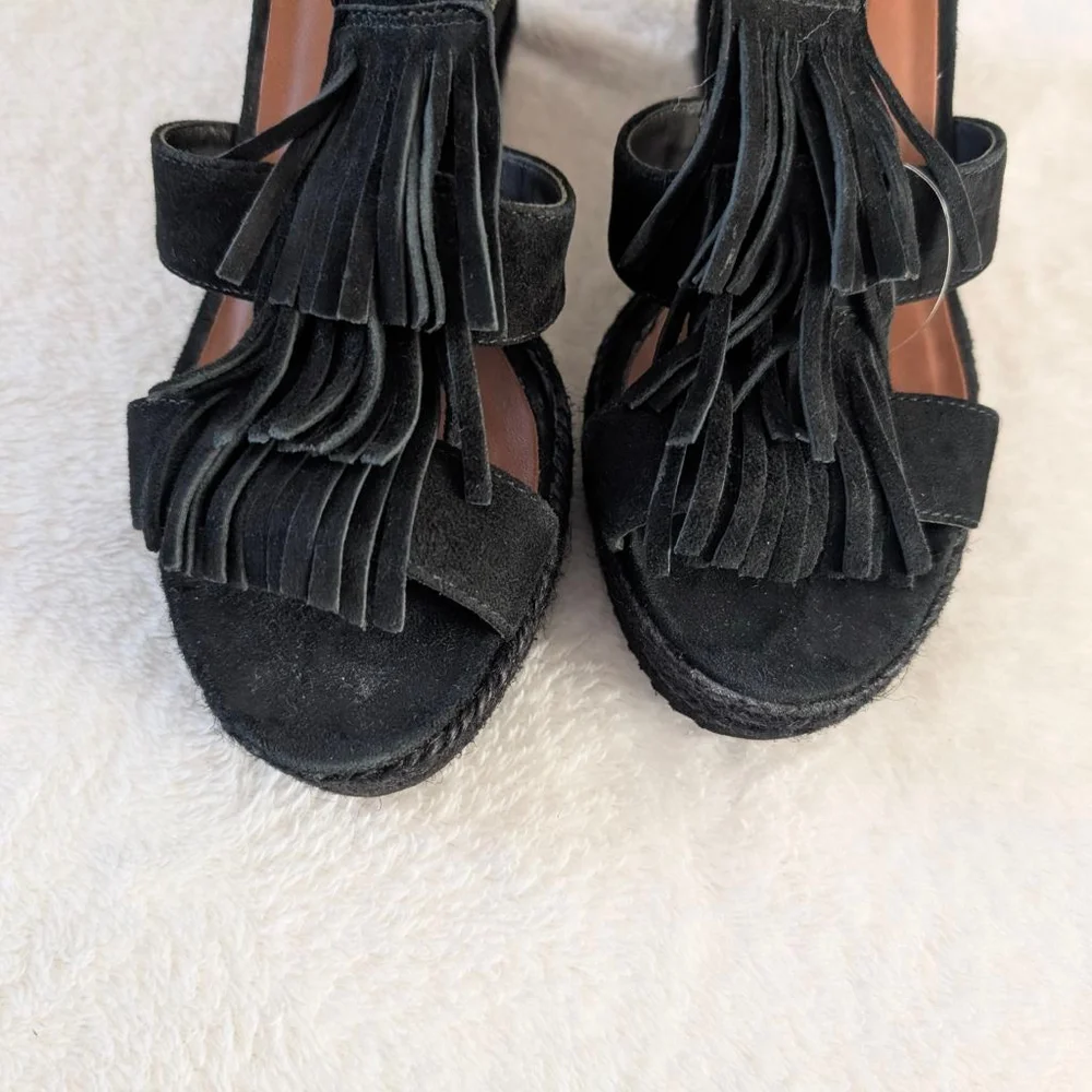 Bernardo Black Suede Fringe Wedge Sandals - 6